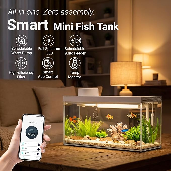 Smart Desktop Aquarium Kit with App Control - 1.3 Gal Small Fish Tank with Automatic Feeder, HD Glass, RGB Lighting, & Temperature Monitor - Self-Cleaning Filtration System for Betta, Guppy
