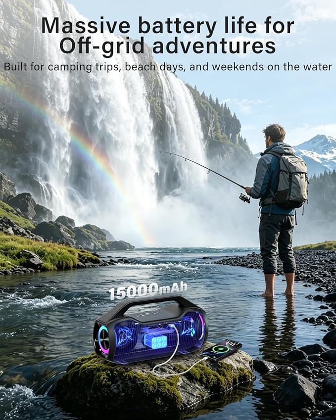 Portable Bluetooth Speaker Bass Boost, 120W Peak Loud Powerful Speakers Wireless w/2*Bass and 2*tweeters, 20H Playtime,IPX6 Waterproof, BT5.4, Suitable for Party, Beach, Camping,Outdoor,Large Jobsite