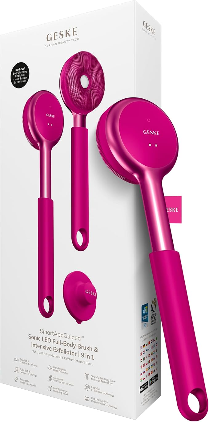 GESKE LED Sonic Full-Body Brush | 9 in 1 | Body Cleansing Brush & Intensive Exfoliator with LED | with SmartSonic Pulsations | Expert Deep Cleansing & Massage | Rough Skin Remover | Adjustable Handle