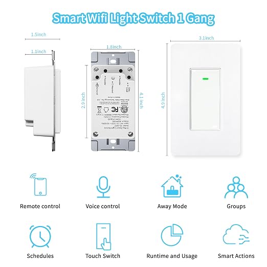 Smart Switch 3 Way Smart Alexa Light Switch Compatible with Alexa and Google Home, 2.4Ghz WiFi Light Smart Switch, Remote Control Light Switches,Neutral Wire Required (1)