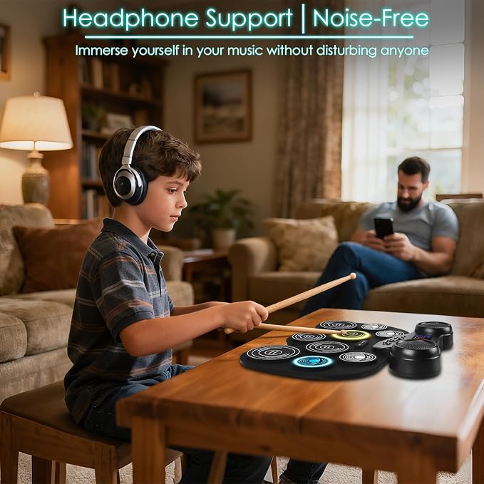 7-Color Dynamic LED Lights Electric Drum Set, 9-Pad Electronic Drum Set Bluetooth MIDI Support, Extra-thick Electric Drum Pads for Better Rebound, Perfect Christmas/Birthday Gift for Kids