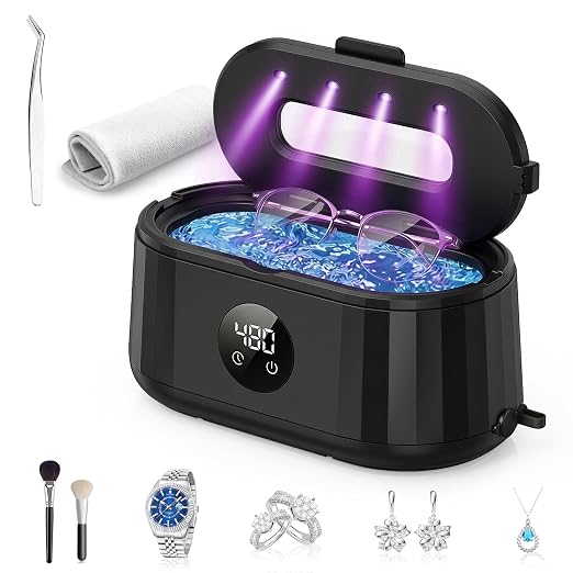 Ultrasonic Jewelry Cleaner, 50kHz Ultrasonic Cleaner Machine for Jewelry, Eyeglass, Retainers,Watch Strap, Rings,420ml 304 Stainless Steel Tank, 5 Timer Modes & LED Digital Display (Black)