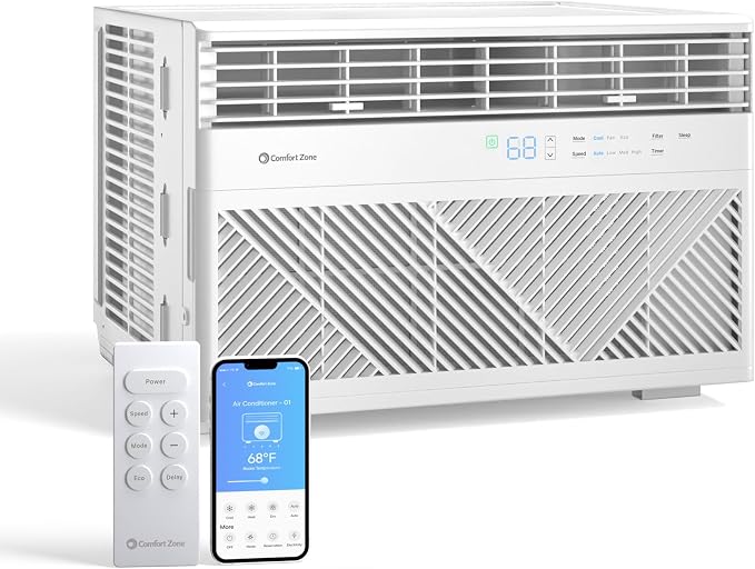 Comfort Zone Window Mounted Smart Wi-Fi Room Air Conditioner with Remote Control, 8,000 BTU, Digital Display, 4 Speed Settings, 4 Mode Settings, 24-Hour Timer, Sleep Setting, and Eco Mode, CZ12758