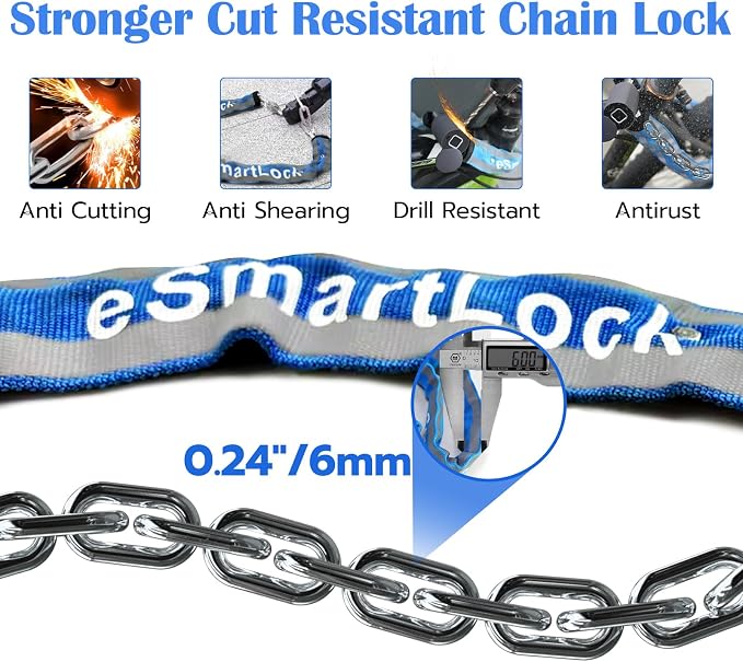 Eseesmart Bike Chain Lock, Fingerprint Bike Locks Heavy Duty Anti Theft, 3.28 Feet Security Bike Locks with APP, Waterproof Smart Cable Lock for Bike, Bicycle, Scooter, Motorcycle, Door, Gate, Fence