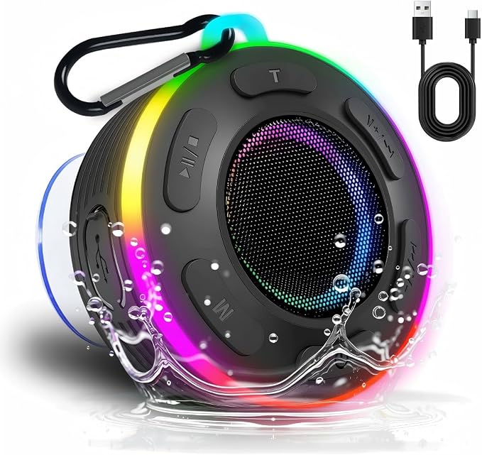 JK&EROSSTARS Portable Bluetooth Shower Speaker–Waterproof,Stereo,LED Light | Over 10H Playtime,Built-in Micro,Suction Cup&Hook,for Outdoor,Kitchen,Kayak,Beach,Camping,Gifts for Unisex