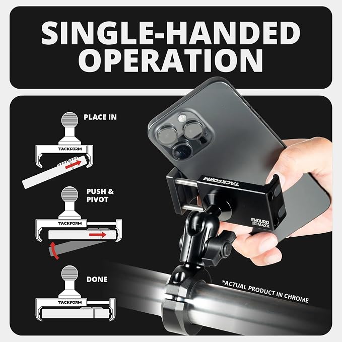 Tackform Chrome Motorcycle All Metal Phone Mount - 20MAXX Spring Cradle | Universal Clamp Fits 7/8" to 1-1/4" Handlebars | Aluminum | Compatible with iPhones, Galaxy Devices, More | Short Reach Arm