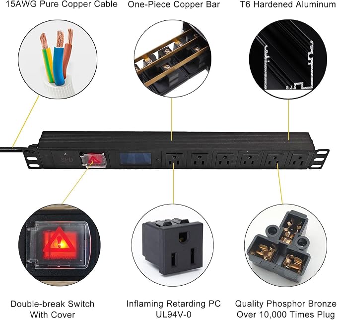 19 Inch Metered PDU Rack Mount Power Distribution Units 6 NEMA 5-15R Outlets PDU, 125-250V 15A 1U Rackmount Surge Protector Power Strip with OLED Screen Amp Voltage Power Display