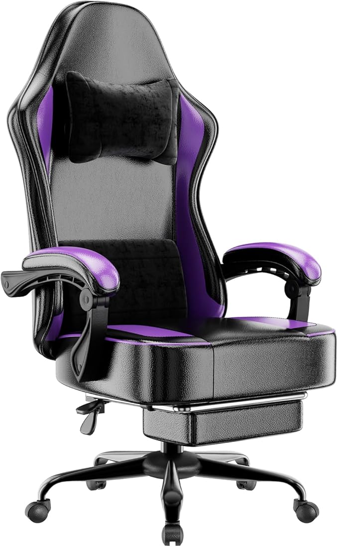 Gaming Chair with Pocket Spring Cushion and Footrest, Ergonomic Computer Chair for Adults, Breathable PU Leather Game Chair, Adjustable Headrest and Lumbar Support Office Desk Chair