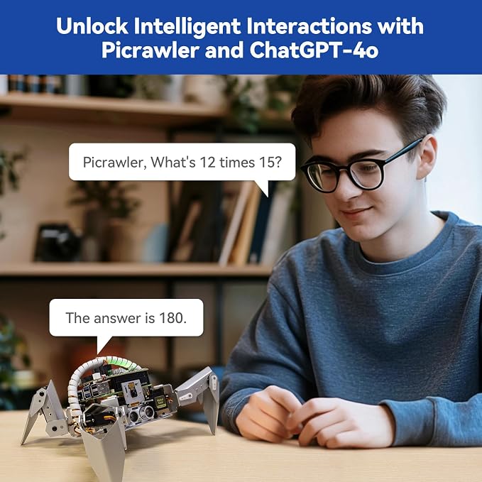 SunFounder PiCrawler AI Robot Kit for Raspberry Pi 5/4/3B+/Zero 2W, Openclaw LLMs ChatGPT/Gemini/Grok, Voice&Video Recognition, Python/Scratch, Mic, Camera (RPI NOT Included)