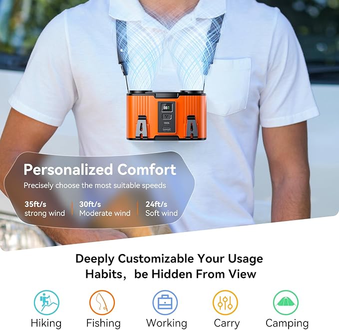 Doublepow 12000mAh Portable Waist Fan, Personal Waist Fan, Dual Air Ducts Motors, USB Rechargeable Clip On Belt for Working, 10 Speeds & 23H Wearable Neck Cooling, for Outdoor, Work, Travel (Orange)