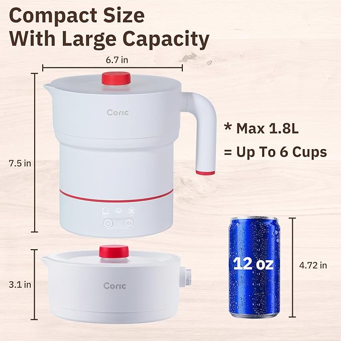 Foldable Travel Electric Kettle 1.8L 100-240V Auto Detect Dual Voltage 316L Stainless Steel Base Collapsible Portable Water Boiler Multi Cooker for Hotel Office Camping RV Dorm Steam Tray