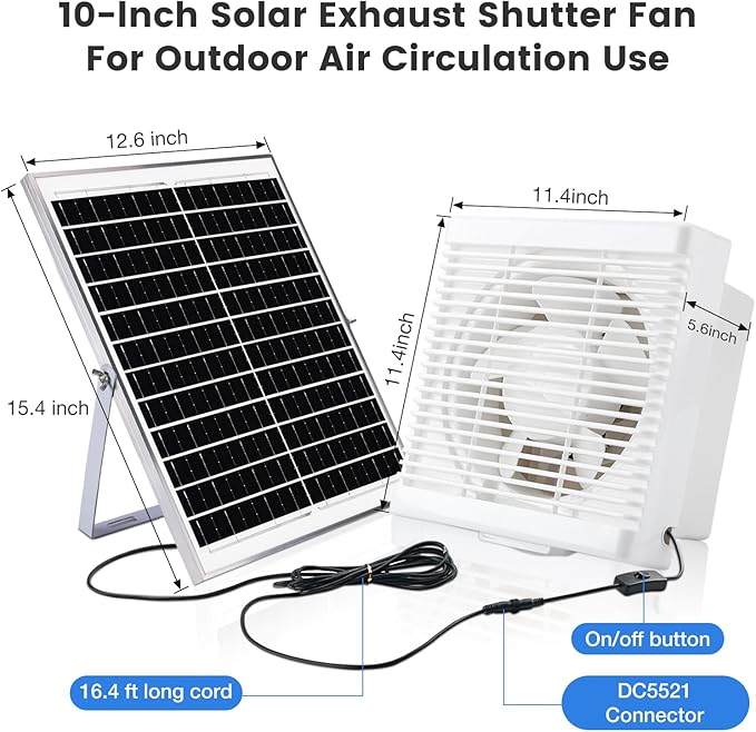 Fanspex Solar Exhaust Fan, Solar Powered Vent Fan Kit for Outside Greenhouse Shed Chicken Coop (10" Fan)