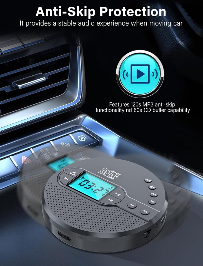 Portable CD Player with Bluetooth 2000mAh Rechargeable CD Player with FM Transmitter,Personal CD Player for Car with Anti-Skip,Headphone,LCD Screen,AUX,Built-in Stereo Speaker,USB(Dark Gray)