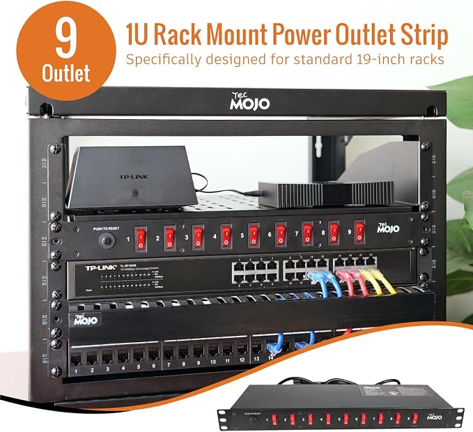 Tecmojo 9-Outlet Rack Mount Overloading Protection Circuit Breaker PDU, with Individual Switch 6ft Cord for IT and Network Racks and Cabinets
