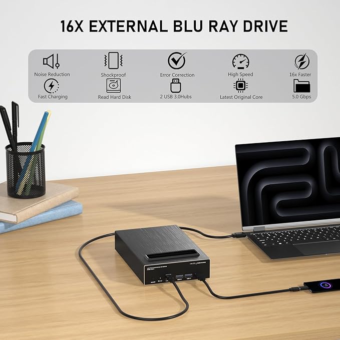 4 in 1 External Blu Ray Drive, 16x USB 3.0 and Type-C External Bluray Drive, Multi-Function Fast-Charging Desktop BD/CD/DVD Burner/Read with HDD Enclosure USB HUB for Both Mac/PC