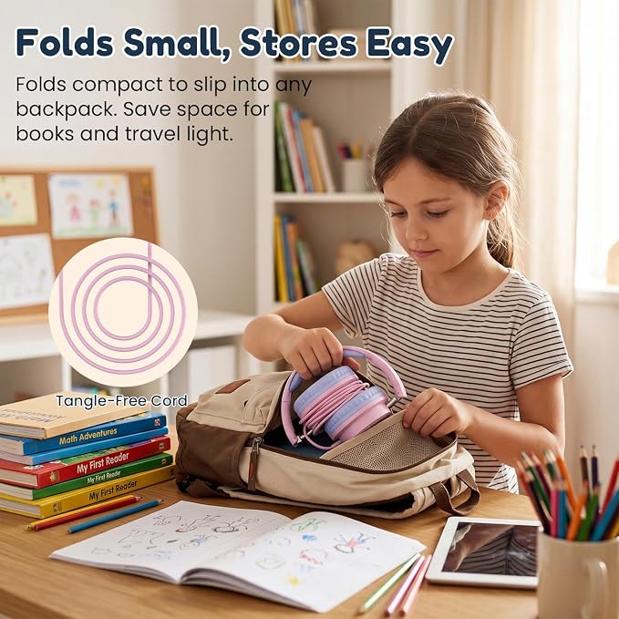2 Pack Kids Headphones with Sharing Splitter, Stereo Sound Over-Ear Wired Headphones for Kids, Comfortable Fit, Foldable,Tangle-Free 3.5mm Jack Heaphones for School Tablet/Laptop/Computer