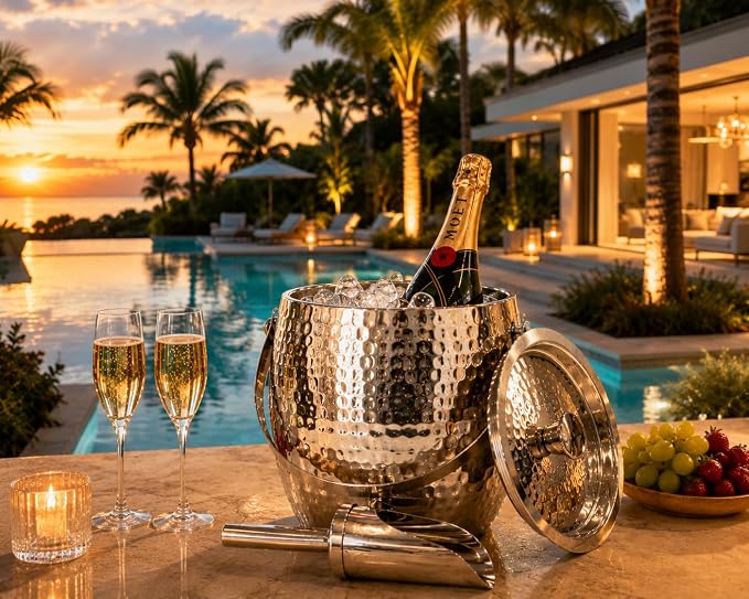 BREKX 3-QT Insulated Ice Buckets for Parties with Lid and Scoop - Iceberg Anchored Wine Chiller Champagne Bucket for Cocktail Bar, Metal Bucket with Lid, Non-Sweat