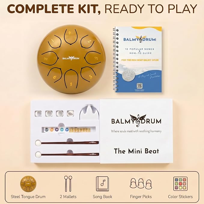 Balmy Drum Steel Tongue Drum 6 inch 8 Notes 440Hz, Handpan Drum with Music Book, Mallets, Carry Bag, Finger Picks, Rain Drum for Outdoor, Meditation Yoga Calming Instruments for Adults Kids (White)