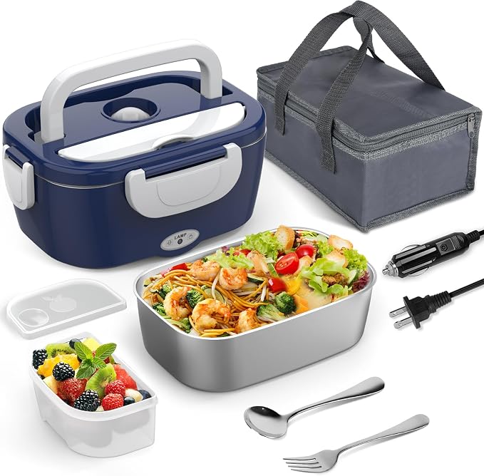 WisaKey Electric Lunch Box for Men/Women 80W Heated Lunch Box for Adults, 12V 24V 110V 220V Portable Food Warmer LunchBox Lonchera Eléctrica Portátil Gifts Fathers Day for Dad Husband Men