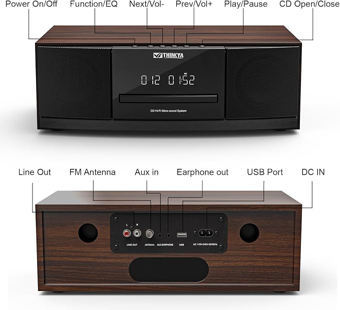 JA-318 CD Player Stereo System for Home, 36W RMS HiFi Bluetooth 5.3 CD Player with Speakers, FM Radio 40 Presets, USB/AUX Playback, LED Clock & Alarm, IR Remote Control, Vintage Wooden Design