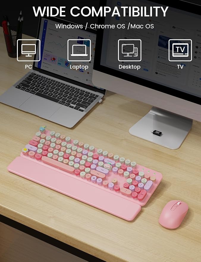 Wireless Keyboard and Mouse Combo, Typewriter Keyboard with Detachable Wrist Rest, Full-Size Retro Round Keycaps, Smart-Sleep, 2.4GHz Stable Connection for Mac/Windows/PC, Trueque(Rose Quartz Pink)