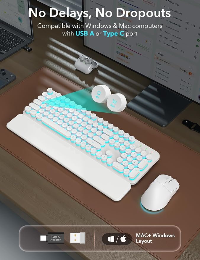 Wireless Keyboard and Mouse Backlit - White Typewriter Keyboard with Magnetic Wrist Rest, Retro Round Keycaps, Light Up Letters, 2.4GHz Cordless Combo for Mac, Windows, PC, Laptop, Trueque [Upgraded]