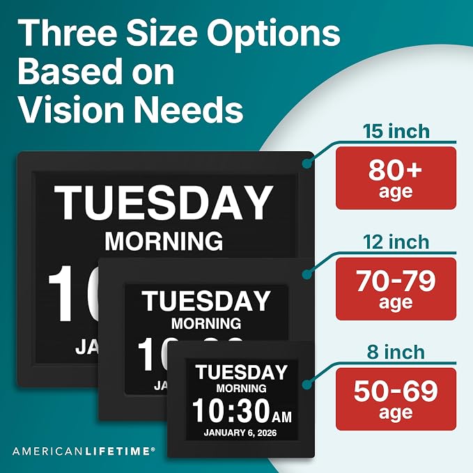 American Lifetime New 2026 Dementia Clock Large Digital Clock for Seniors, Large Display with Custom Alarms, Calendar Clock with Day & Date for Elderly, Clear Numbers Alzheimer Digital Clock Winter