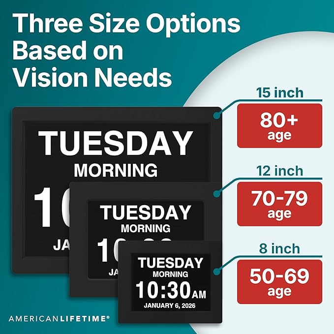 American Lifetime New 2026 Dementia Clock Large Digital Clock for Seniors, Alzeimer Clock Large Display with Custom Alarms, Clock with Day & Date for Elderly, Digital Calendar Premium Light Wood