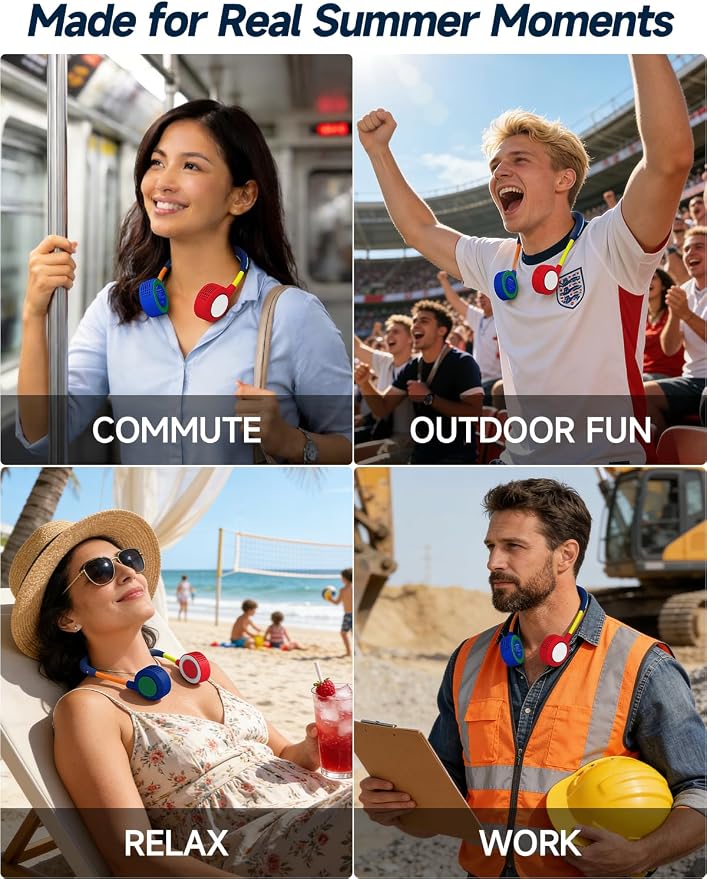 Portable Neck Fan - Hands Free Personal Face Fan, 5 Speeds Rechargeable Wearable Cooling Fan, Flexible Foldable Small Thin Quiet Neck Cooler for Travel, Work, Hot Flashes (Dark Blue Red)