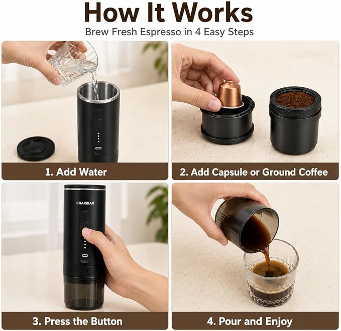 Portable Espresso Machine, Self-Heating Travel Coffee Maker, 20 Bar 7500mAh Rechargeable Espresso Maker for Ground Coffee & Capsules, Compact Cordless Brewer for Camping, Car, Office & RV