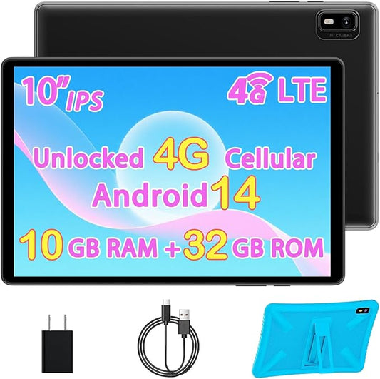 Topsand 10 Inch Tablet Android 14 Tablet with Sim Card Slot Unlocked, 10GB RAM, 32GB ROM, 1TB Expandable, 8MP Camera, 2.4G/5G WiFi, BT5.0, Cellular Tableta with GPS, Protective Case (Blue)