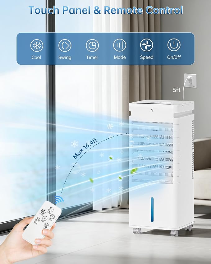 Portable Air Conditioners, Swamp Cooler Portable AC Unit for Room, Windowless Cooling Fan That Blow Cold Air w/Remote 5L Tank 12 Speeds 9H Timer, Evaporative Air Cooler for Bedroom Gara (White)