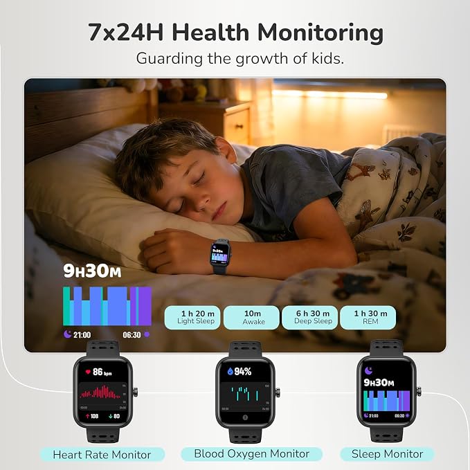 Smart Watch Kids，Fitness Watch for Kids with Health Monitor, Activities Track & Drinking/Rest/Homework Reminder, IP68 Waterproof Smartwatch with Puzzle Games, Boys Gift for Birthday, School-Black