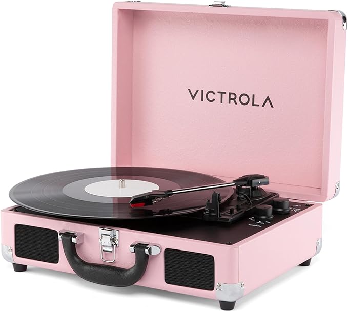 Victrola Journey II (2025 Model) – Bluetooth Suitcase Record Player – Built-in Stereo Speakers with Enhanced Bass, 3-Speed Turntable, Bluetooth Input and Output, RCA & Headphone Outputs (Pink)