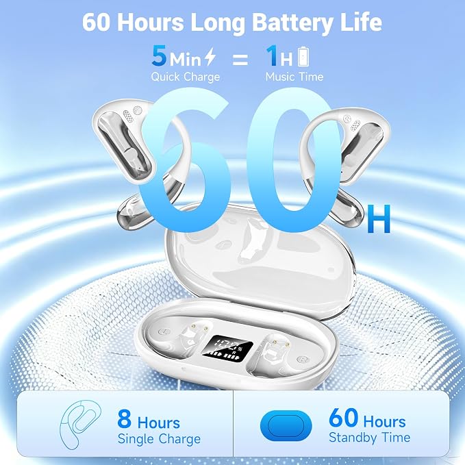 Open Ear Headphones, Bluetooth 5.4 Wireless Earbuds with Ear Hooks, 60H Playtime, AI Clear Call, LED Display Charging Case, IPX7 Waterproof Sports Earphones for Running Workouts Commute, White