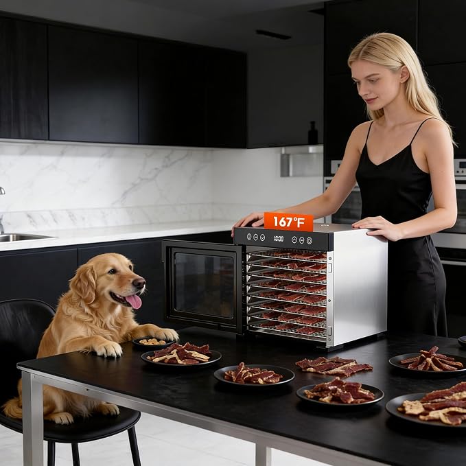 PSIIDAN Upgraded Food Dehydrator Machine, 650W Powerful Dehydrator with 8 Stainless Steel Trays & Interior Light, Adjustable Timer and Temperature for Jerky, Fruits, Herbs, Dog Treats