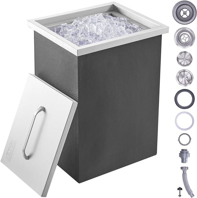 VEVOR Drop in Ice Chest, 14" L x 12" W x 18" H Stainless Steel Ice Cooler, Commercial Ice Bin with Cover, 40 qt Outdoor Kitchen Ice Bar, Drain-Pipe and Drain Plug Included, for Cold Wine Beer