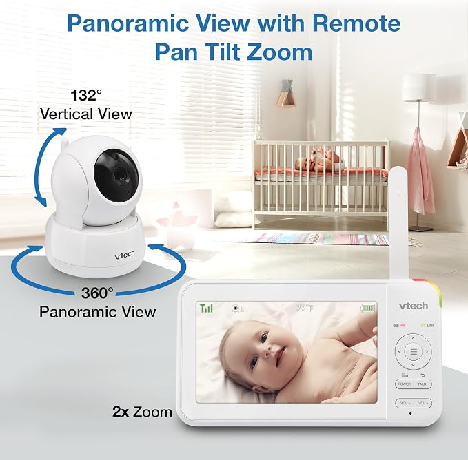 VTech Baby Monitor No WiFi– See Every Corner of the Nursery, Remote Pan-Tilt-Zoom, Hack-Proof, 5" Screen, 17Hr Battery, 1000ft Range, Night Vision, Temperature Sensor | 924W