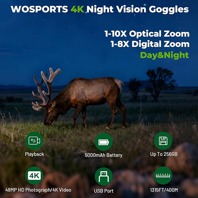 WOSPORTS 4K Night Vision Goggles, up to 80X Total Magnification, 64GB TF Card, 1315FT Infrared Night Vision, Ideal for Camping & Outdoor Use