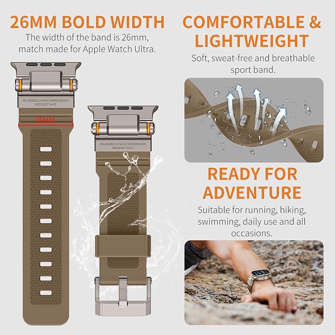 FOAMUNOC Rugged Band Compatible with Apple Watch Ultra 3/2/1 Band 49mm/46mm/45mm/44mm/42mm, Metal Connector with Strap for iWatch Ultra Series 11/10/9/8/7/6/SE3/SE2/SE/5/4/3/2/1, Desert Tan/Titanium