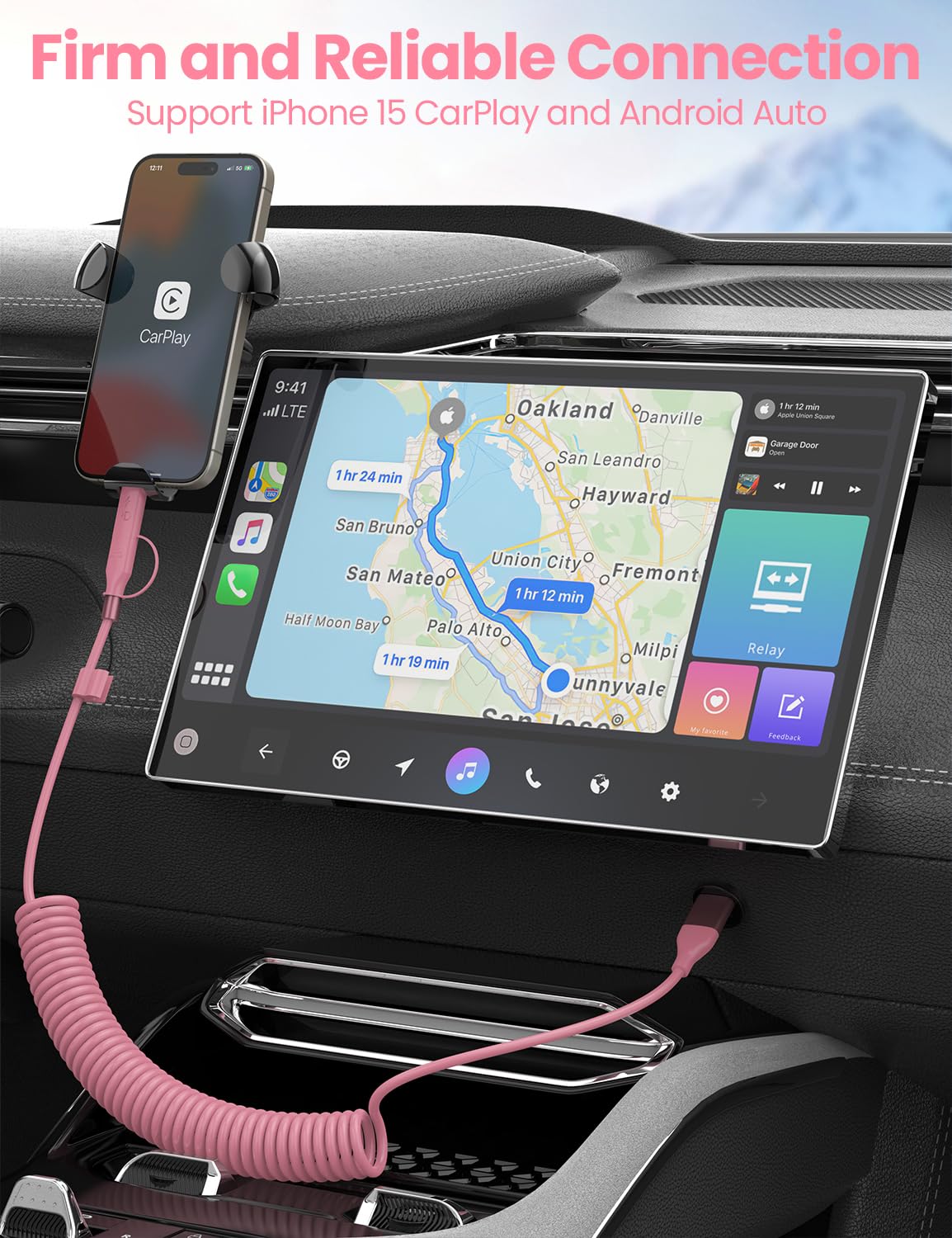 Coiled USB-C and Lightning Cable 2-in-1, 3FT Pink iPhone 15 16 Car Charger Cord, 60W Fast Charging Cable for iPhone 17, Samsung Galaxy, Cute Pink Car Accessories Supports Apple CarPlay & Android Auto