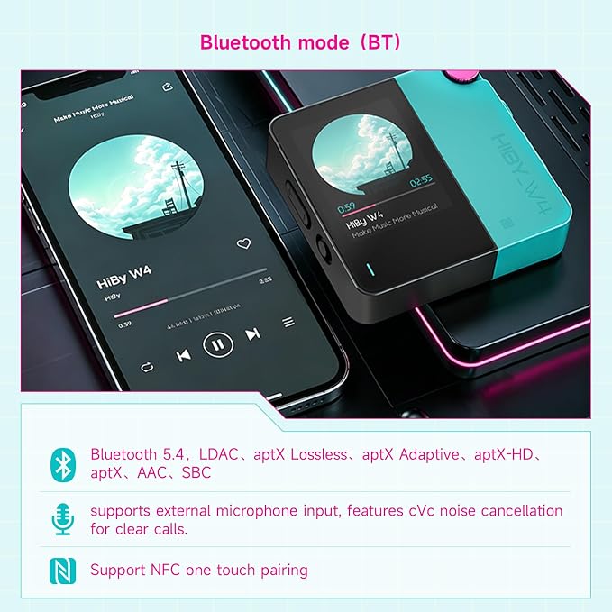 HiBy W4 Bluetooth Headphone Amplifier USB DAC, BT 5.4 & NFC, aptX Lossless LDAC, Dual DAC, DSD512 PCM 768kHz, 2-Inch Touch Screen, CVC Noise Reduction, 3.5mm & 4.4mm Balanced Output