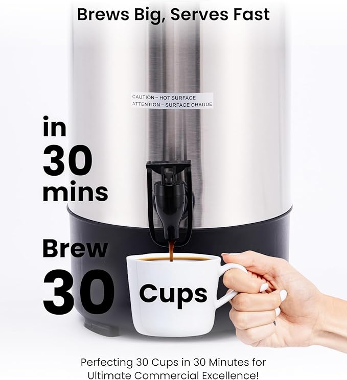 SYBO SR-CP30C Commercial Grade Stainless Steel Percolate Coffee Maker, Hot Water Urn for Catering, Hot Beverage Dispenser, 30-Cup, 3.5L, Metallic