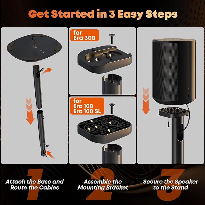 Single Speaker Stand Compatible with Sonos Era 100 SL, Era-100 & Era-300-29.1''–39'' Height Adjustable Floor Stands, Two Base Holes for Space-Saving Placement, Max Load 11 Lbs, 1 Pack, Black
