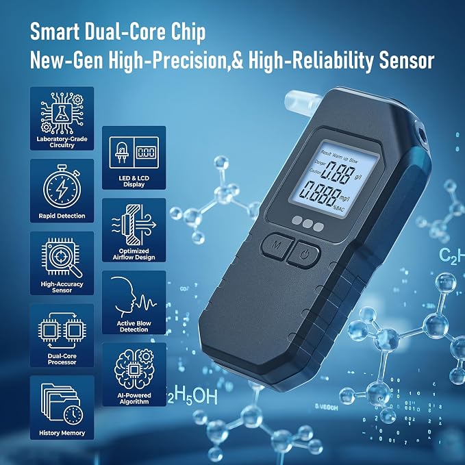 Breathalyzer Alcohol Tester，Professional Dual-Sensor Alcohol Tester with LCD Digital Display - Portable BAC Detector Kit, Includes 20 Replacement Mouthpieces for Driving, Home, Party