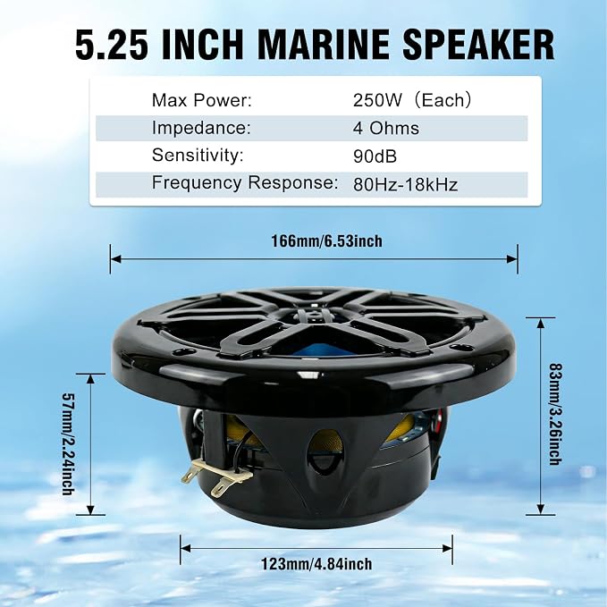 Herdio 5.25" 250W Marine Speakers - IP66 Waterproof Coaxial Audio, with Blue LED Light for Boats, ATVs, UTVs with UV Resistant Black Grille (A Pair)