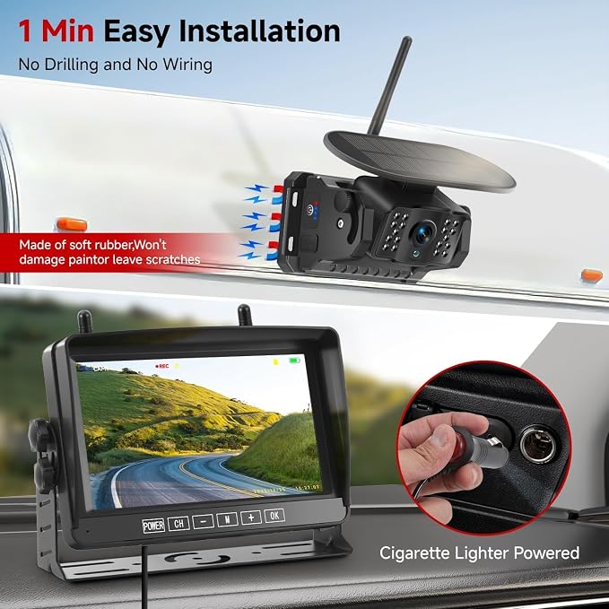 Dual Wireless Magnetic Backup Camera with 7” 1080P HD 4CH Monitor | Solar 15000mAh Rechargeable Night Vision Rear Camera, DVR Loop Recording Waterproof No Delay for Truck RV Camper Trailer Boat