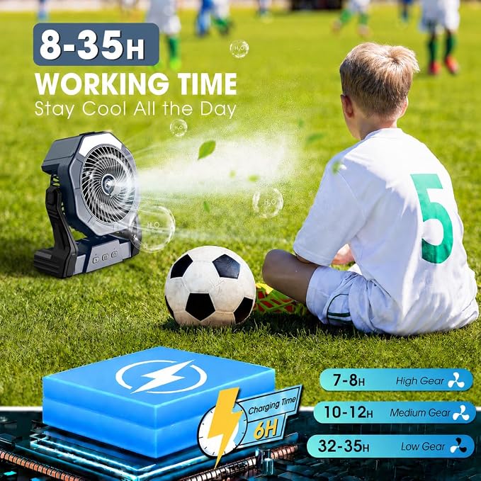 Ausic Portable Misting Camping Fan, 8" Outdoor Cooling Fan with LED Light, Water Spray, Hook, [Max 35H] Battery Operated Rechargeable Fan for Sports Sidelines, Patio, Beach, Tent, Travel