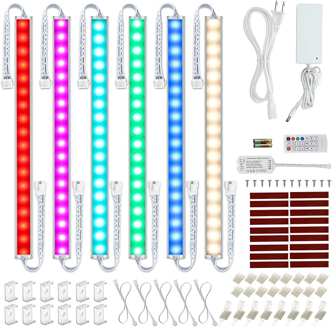 Kitchen Under Cabinet LED Light. RGBW. Color Change & Super Bright Cool White Light. Remote with Dimming. 6 LED Light Bars with Power Adapter, Extension Cable. Plug in. Easy to Install. RGB + 4000K.