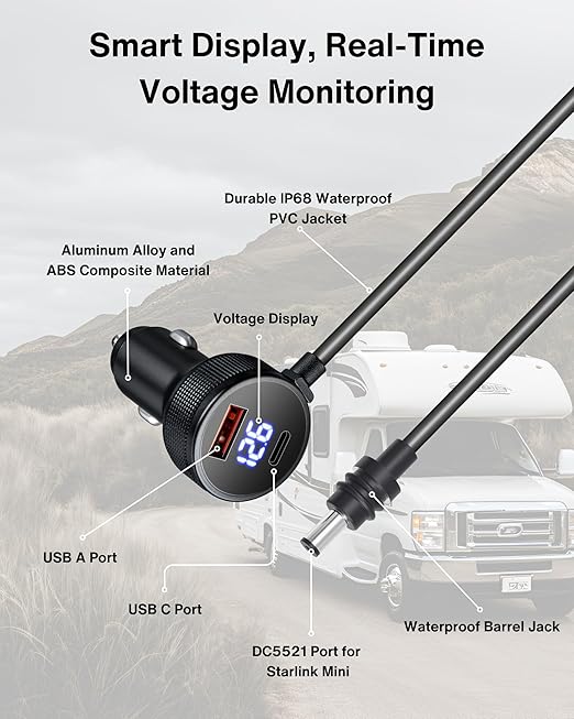 Car Charger Cable for Starlink Mini 10FT/3M with Display - 60W DC + 33W Dual USB-C/USB-A Power Adapter for Trucks, RVs & Boats, 12-24V Aluminum 18AWG Cord with Real-Time Voltage Monitoring